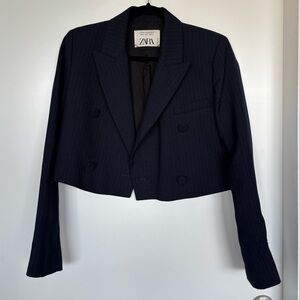 Zara Navy Pinstripe Cropped Blazer